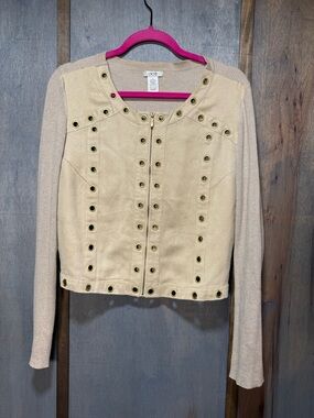 Cach’e Camel Color Grommet Waist Length Zipper Sweater Jacket Size XL